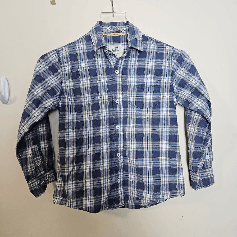 Mini Boden Plaid Long Sleeve Collared Button Down Shirt Boys Blue Yellow, and Wh